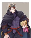  2boys aged_down alternate_color alternate_hair_color animal_ears black_nails blonde_hair bracelet cape carrying commentary_request dio_brando earrings father_and_son giorno_giovanna grey_hair grm_jogio headband highres jacket jewelry jojo_no_kimyou_na_bouken lion_boy lion_ears lion_tail long_hair long_sleeves male_focus multiple_boys muscular muscular_male pants red_eyes red_headband smile stardust_crusaders tail vento_aureo 