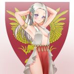  armpits arms_up breasts dress edelgard_von_hresvelg fire_emblem fire_emblem:_three_houses greek_clothes highres looking_at_viewer maichiu non-web_source open_clothes purple_eyes red_ribbon ribbon sideboob sleeveless white_dress white_hair 