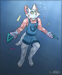  absurd_res anthro asuri_(brawlhalla) blue_background brawlhalla clothing felid feline female fironmaplez_(artist) fur green_eyes grey_body grey_fur hi_res mammal pantherine pink_nose school_uniform simple_background solo tiger underwater uniform water white_body white_fur yellow_sclera 