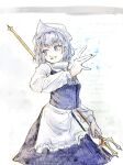 1girl apron blue_eyes commentary highres holding jikokenjiyoku_1 lapel_pin letty_whiterock light_purple_hair long_sleeves looking_to_the_side polearm simple_background smile solo touhou traditional_media trident waist_apron weapon white_apron white_background white_headwear 