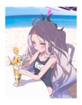  1girl absurdres ahoge ass bare_shoulders beach blue_archive blush breasts demon_girl demon_horns eating food forehead hair_between_eyes hair_ornament hair_over_shoulder hairclip halo highres hina_(blue_archive) holding holding_spoon horns ice_cream long_hair looking_at_viewer ocean off_shoulder one-piece_swimsuit parasol parted_bangs purple_eyes school_swimsuit shadow single_hair_ring sitting sleeveless small_breasts solo spoon sundae swimsuit thighs umbrella whistle whistle_around_neck yo_na 