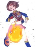  1girl :o alternate_costume blue_socks brown_eyes brown_hair collared_shirt commentary_request fireball gloria_(pokemon) gloves highres kana_(kanna_runa0620) knees long_sleeves navel open_mouth partially_fingerless_gloves pokemon pokemon_(game) pokemon_masters_ex shirt shoes short_hair shorts single_glove socks solo white_background 