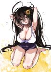  1girl armpits arms_up bare_legs barefoot black_hair breasts brown_eyes cleavage copyright_request dolphin_shorts feet flower flying_sweatdrops full_body glasses hair_flower hair_ornament head_tilt highres hirowa_nagi large_breasts long_hair looking_at_viewer messy_hair round_eyewear shorts simple_background sleeveless solo sunflower sunflower_hair_ornament tank_top toes very_long_hair white_background 