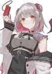  1girl black_choker black_skirt brown_hair choker colored_inner_hair double_bun hair_bun highres indie_virtual_youtuber jacket multicolored_hair nao_(syn_eaa) o-ring_suspenders pink_hair pink_nails short_hair skirt solo suou_patra swept_bangs virtual_youtuber white_jacket 