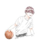  1boy absurdres artist_name ball basketball_(object) blush commentary_request cool_doji_danshi dated highres holding holding_ball male_focus nata_kokone open_mouth red_eyes red_hair shiki_souma shirt short_hair simple_background solo white_background white_shirt 