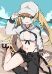  1girl arm_support arm_up artoria_caster_(fate) artoria_caster_(swimsuit)_(fate) artoria_pendragon_(fate) asymmetrical_clothes asymmetrical_pants baseball_cap beach bikini black_pants blonde_hair breasts citron_82 criss-cross_halter cropped_jacket fate/grand_order fate_(series) green_eyes halterneck hand_on_headwear hat highres jacket light_blush long_hair long_sleeves looking_at_viewer navel ocean open_mouth open_pants outdoors pants platform_footwear sand sandals shoes single_bare_leg single_pantsleg sitting sky small_breasts smile solo striped striped_jacket sweat sweatdrop swimsuit twintails white_bikini white_footwear white_headwear white_jacket white_wristband wristband 