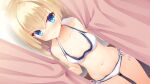  1girl areola_slip bikini blonde_hair blue_eyes blush braid curtain_grab curtains dutch_angle flat_chest game_cg highres kobuichi layered_bikini long_hair looking_at_viewer navel official_art photoshop_(medium) shirayuki_noa side-tie_bikini_bottom solo standing swimsuit tenshi_souzou twin_braids 