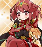  1girl :t black_leotard blush breasts closed_mouth cream_puff eating feet_out_of_frame food food_on_face headpiece holding holding_food large_breasts leotard ma2acworks pink_thighhighs pyra_(xenoblade) red_eyes red_hair solo sparkle_background sweat thighhighs wavy_mouth xenoblade_chronicles_(series) xenoblade_chronicles_2 