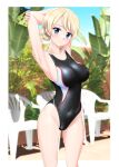  1girl absurdres arms_behind_head banana_tree black_one-piece_swimsuit blonde_hair blue_eyes braid breasts chair commentary_request competition_swimsuit covered_navel cowboy_shot darjeeling_(girls_und_panzer) girls_und_panzer highres medium_breasts multicolored_clothes multicolored_swimsuit one-piece_swimsuit photo_background short_hair solo swimsuit takafumi twin_braids 