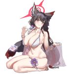  1girl animal_ears bare_shoulders bead_bracelet beads bikini blue_archive blush bracelet breasts brown_hair cleavage collarbone colored_inner_hair eyeliner flower fox_ears fox_girl fox_tail hair_flower hair_ornament halo jewelry large_breasts long_hair looking_at_viewer low_twintails makeup multicolored_hair red_hair seiza sitting solo swimsuit tail thighs twintails wakamo_(blue_archive) wakamo_(swimsuit)_(blue_archive) white_bikini yellow_eyes zi_se 