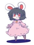  1girl :3 :d adapted_costume animal_ears arms_up black_hair carrot_necklace chahan_(fried_rice0614) chibi commentary_request dress full_body highres inaba_tewi jewelry long_sleeves looking_at_viewer necklace open_mouth pantyhose pink_dress puffy_long_sleeves puffy_sleeves rabbit_ears shadow short_hair simple_background slit_pupils smile solo standing touhou v-shaped_eyebrows white_background 