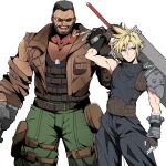  2boys arm_cannon arm_up armor baggy_pants barret_wallace belt black_hair black_tank_top blonde_hair blue_eyes blue_pants blue_sweater brown_gloves brown_vest buster_sword chest_hair clenched_hand closed_mouth cloud_strife collarbone cowboy_shot crazy02oekaki dark-skinned_male dark_skin dog_tags facial_hair final_fantasy final_fantasy_vii final_fantasy_vii_remake fingerless_gloves gloves green_pants hair_between_eyes hand_up highres holding holding_sword holding_weapon huge_weapon male_focus multiple_boys muscular muscular_male open_mouth pants ribbed_sweater scar scar_on_cheek scar_on_face short_hair shoulder_armor signature single_bare_shoulder sleeveless sleeveless_turtleneck spiked_hair sunglasses suspenders sweater sword tank_top thigh_strap turtleneck turtleneck_sweater vest weapon white_background 