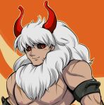  1boy asterios_(fate) black_sclera closed_mouth colored_sclera fate/grand_order fate_(series) hair_between_eyes horns long_hair male_focus mane muscular muscular_male nattouan nipples orange_background pectorals red_eyes red_horns scar scar_on_arm scar_on_chest scar_on_face scar_on_mouth smile solo topless_male upper_body white_hair 