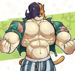  2023 :3 anthro big_pecs bottomwear bulge calico_cat clothing domestic_cat epic_games felid feline felis flexing floral_shirt flower fortnite green_background hair its_coldpizza long_hair looking_at_viewer male mammal meowscles multicolored_body muscular one_eye_closed pants pattern_bottomwear pattern_clothing pattern_pants pecs plant purradise_meowscles signature silhouette_background simple_background solo striped_bottomwear striped_clothing striped_pants stripes tail white_background wink 