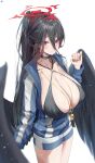  1girl absurdres bikini black_bikini black_choker black_hair black_wings blue_archive blue_jacket blue_shorts breasts choker cleavage closed_mouth dotthebot hair_between_eyes halo hasumi_(blue_archive) hasumi_(track)_(blue_archive) highres huge_breasts jacket long_hair long_sleeves looking_at_viewer official_alternate_costume partially_unzipped red_eyes short_shorts shorts simple_background solo swimsuit very_long_hair whistle whistle_around_neck white_background wings 