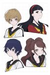  amagi_yukiko black_eyes black_hair black_sailor_collar blue_eyes blue_hair blunt_bangs breasts brown_eyes brown_hair cropped_torso hairband highres kujikawa_rise looking_at_viewer multiple_girls neckerchief one_eye_closed persona persona_4 red_hairband sailor_collar satonaka_chie school_uniform serafuku shirogane_naoto short_hair simple_background smile tongu_11 upper_body yasogami_school_uniform yellow_neckerchief 