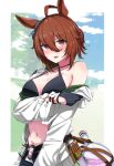  1girl absurdres agnes_tachyon_(lunatic_lab)_(umamusume) agnes_tachyon_(umamusume) ahoge alternate_eye_color animal_ears bare_shoulders bikini black_bikini black_gloves blush border breasts brown_eyes brown_hair cleavage coat commentary_request criss-cross_halter denim denim_shorts flask gloves green_jacket hair_between_eyes halterneck highres horse_ears horse_girl horse_tail jacket lab_coat long_sleeves looking_at_viewer medium_breasts messy_hair navel nerukichikatafukuma official_alternate_costume official_alternate_hairstyle open_fly open_mouth round-bottom_flask short_hair short_ponytail shorts single_bare_shoulder smile solo swimsuit tail test_tube textless_version umamusume undressing white_border white_coat 