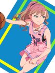  1girl absurdres ball basketball basketball_(object) basketball_jersey basketball_uniform black_sports_bra brown_hair daidaiyaoyao green_eyes gridman_universe gridman_universe_(film) highres jersey long_hair minami_yume official_alternate_costume playing_sports ponytail scar scar_on_leg solo sports_bra sportswear 