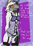  anthro black_and_white_fur camera_view clothing dialogue english_text female kinktober legwear lingerie naysayingmongrel orange_eyes pupils slit_pupils text the_nature_of_predators thigh_highs venlil_(the_nature_of_predators) 