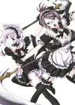  2girls animal_ears apron breasts cat_ears cleavage frilled_apron frills garter_belt glasses highres holding holding_scythe maid maid_apron maid_headdress meena_(queen&#039;s_blade) mime_(queen&#039;s_blade) monster_girl multiple_girls queen&#039;s_blade queen&#039;s_blade_rebellion scythe thighhighs white_background 