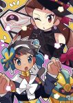  2girls anidler91 black_gloves blue_eyes brown_hair cofagrigus commentary_request detached_sleeves earrings ghost_pose gloves hat highres jewelry multiple_girls official_alternate_costume one_eye_closed outline phoebe_(fall_2023)_(pokemon) phoebe_(pokemon) pokemon pokemon_(creature) pokemon_(game) pokemon_masters_ex red_eyes roxanne_(fall_2023)_(pokemon) roxanne_(pokemon) runerigus short_hair witch_hat 
