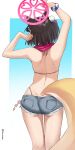  1girl absurdres animal_ears arms_up ass bare_arms bare_back bare_shoulders black_hair character_request copyright_request cowboy_shot fox_ears fox_tail grey_shorts hair_ornament highres pinnn pom_pom_(clothes) short_hair short_shorts shorts solo standing tail thighs underbutt 