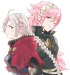  2girls ahoge blue_eyes braid breasts capelet fire_emblem fire_emblem_fates grey_hair gumiten hair_between_eyes hairband hood hood_down hooded_capelet low_twin_braids medium_breasts multiple_girls nina_(fire_emblem) parted_bangs pink_eyes pink_hair red_capelet soleil_(fire_emblem) twin_braids upper_body 