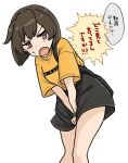  1girl black_skirt bob_cut brown_eyes brown_hair clothes_writing commentary_request covering covering_crotch feet_out_of_frame hiryuu_(kancolle) iwana kantai_collection official_alternate_costume shirt short_hair simple_background skirt solo t-shirt translation_request white_background yellow_shirt 