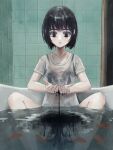  1girl absurdres bathroom bathtub black_eyes black_hair black_liquid bra_visible_through_clothes highres okura_lino original partially_submerged scenery shirt short_hair solo spread_legs tile_wall tiles water wet wet_clothes white_shirt 