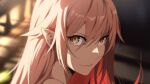  1girl blonde_hair blurry blurry_background closed_mouth gesugesu_ahoaho hair_between_eyes kiss-shot_acerola-orion_heart-under-blade kizumonogatari long_hair looking_at_viewer monogatari_(series) oshino_shinobu pointy_ears portrait sidelighting slit_pupils smile solo yellow_eyes 