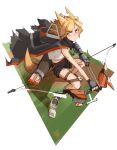  1girl absurdres animal_ears anklet arknights arrow_(projectile) black_cape black_gloves black_shorts blonde_hair bow bow_(weapon) cape fingerless_gloves fox_ears fox_girl fox_tail gloves gremlin highres holding holding_bow_(weapon) holding_weapon infection_monitor_(arknights) jewelry kart_prowler looking_at_viewer mechanical_arms notched_ear quiver shirt short_hair shorts single_mechanical_arm solo squatting tail vermeil_(arknights) weapon white_footwear white_shirt yellow_eyes 