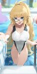  1girl absurdres ao_tsukushi ball beachball black-framed_eyewear blonde_hair blue_eyes competition_swimsuit cowboy_shot fate/grand_order fate_(series) glasses high_ponytail highleg highleg_swimsuit highres jeanne_d&#039;arc_(fate) jeanne_d&#039;arc_(swimsuit_archer)_(fate) jeanne_d&#039;arc_(swimsuit_archer)_(second_ascension)_(fate) one-piece_swimsuit pool pool_ladder solo swimsuit two-tone_swimsuit wading water white_one-piece_swimsuit 