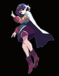  4qw5 black_background black_eyes blue_hair boots cape dress hair_between_eyes hair_ornament highres index_finger_raised long_sleeves looking_at_viewer medium_hair multicolored_clothes multicolored_dress pixel_art red_footwear short_dress simple_background sleeves_past_wrists sprite sprite_art tenkyuu_chimata touhou white_cape zipper zipper_dress 