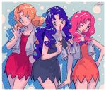  3girls :d ;d badge blonde_hair blue_hair bow breasts cleavage daisy_(pokemon) dress dress_bow flower gym_leader_badge hair_flower hair_ornament hand_on_own_hip highres holding_badge kwsby_124 lily_(pokemon) long_hair looking_at_viewer multiple_girls one_eye_closed pink_hair pokemon pokemon_(anime) pokemon_(classic_anime) purple_bow siblings signature sisters sleeveless sleeveless_dress smile towel towel_around_neck violet_(pokemon) 