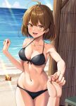 1girl 1other ahoge animal bandaid bandaid_on_face bare_arms bare_legs bare_shoulders beach bikini black_bikini blush breasts brown_hair collarbone cowboy_shot crab day highres ichikawa_feesu kantai_collection large_breasts navel oboro_(kancolle) ocean open_mouth outdoors short_hair smile solo_focus swimsuit yellow_eyes 