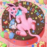  1:1 2021 3_fingers 3_toes balloon bed black_nose clothing cute_fangs dessert doughnut eeveelution espeon feet feral fingers food fur furniture generation_2_pokemon gift happy_birthday hat headgear headwear hi_res inflatable inner_ear_fluff looking_at_viewer lying male nintendo on_back open_mouth party_hat pawpads paws pink_body pink_fur plushie pokemon pokemon_(species) purple_eyes ribbons scarf simple_background solo toes tongue toy tuft unknown_artist 