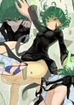  2girls absurdres ass bikini black_dress black_footwear blue_bikini breast_envy breasts commentary curly_hair dress fubuki_(one-punch_man) green_eyes green_hair hair_between_eyes highres large_breasts looking_at_viewer mameroku multiple_girls multiple_views one-punch_man petting shoes short_hair small_breasts swimsuit tatsumaki thighs 