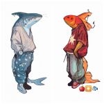  anthro casual_clothing clothing cyprinid cypriniform duo fin fish fish_hook footwear furgonomics furry-specific_piercing goldfish grey_body heartofsenso hi_res hook male marine orange_body piercing shark shirt shoes sneakers t-shirt topwear 