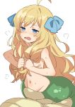  1girl absurdres ahoge blonde_hair blue_eyes blush breasts fang gazacy_(dai) hair_over_breasts highres jashin-chan jashin-chan_dropkick lamia long_hair monster_girl navel open_mouth simple_background sketch small_breasts solo sweat wavy_mouth white_background 
