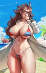  1girl android_21 beach bikini breasts brown_hair curvy dragon_ball dragon_ball_fighterz earrings eu03 glasses huge_breasts jewelry lab_coat large_breasts long_hair navel sky solo swimsuit thick_thighs thighs wide_hips 