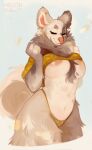  2022 anthro artist_name breasts clothed clothing clothing_lift digital_media_(artwork) ear_piercing exposed_breasts eyes_closed female fluffy fluffy_chest fluffy_tail fur grey_body grey_fur hi_res mammal mellonbun navel neck_tuft nipples panties partially_clothed piercing pink_nipples pink_nose rodent sciurid solo standing string_panties tail tree_squirrel tuft underwear 