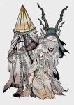  1boy 1girl alfred_(bloodborne) antlers bandages bandages_over_eyes blonde_hair bloodborne brown_gloves cape denny626 facing_viewer full_body gloves grey_background grey_cape helm helmet highres hood hood_up long_hair long_sleeves monster open_mouth sharp_teeth shoes simple_background standing teeth vicar_amelia 