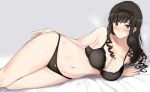  1girl amagami arm_support bed_sheet black_bra black_eyes black_hair black_panties blush bra breasts cleavage collarbone commentary curly_hair drill_hair grey_background hairband hand_on_own_thigh lace large_breasts long_hair looking_at_viewer lying mobu morishima_haruka navel on_side panties parted_lips solo thighs underwear underwear_only 