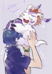  bandai_namco blue_hair blush claws clinging digimon digimon_(species) duo english_text eyes_closed face_hugging feral fur gomamon hair human joe_kido lanllan male mammal red_hair text white_body white_fur 