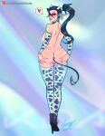  anal_tail animal_costume animal_ears black_hair cow_costume cow_ears fake_tail high_heels horns k/da_all_out_kai&#039;sa kai&#039;sa lactation league_of_legends looking_at_viewer looking_back non-web_source shinda292 speech_bubble tail thigh_gap thighhighs 