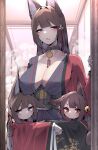  3girls absurdres akagi-chan_(azur_lane) amagi-chan_(azur_lane) amagi_(azur_lane) animal_ears arms_up azur_lane bell black_kimono blush breast_rest breasts breasts_on_head brown_hair cleavage eyeshadow floral_print fox_ears fox_girl fox_tail from_side girl_sandwich hair_bell hair_between_eyes hair_ornament hairpin highres hug indoors japanese_clothes kimono kitsune large_breasts long_hair looking_at_viewer makeup medium_hair multiple_girls multiple_tails no_bra open_mouth orange_eyes purple_eyes red_eyeshadow red_kimono samip sandwiched slit_pupils tail very_long_hair wide_sleeves 