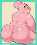  anthro big_butt black_eyes blush butt cartoon_network chubby_anthro chubby_male ears_up eyebrows facial_hair fur hi_res hunnipanda lagomorph leporid looking_at_viewer male mammal mustache overweight overweight_anthro overweight_male pink_body pink_fur pink_nose pinup pose rabbit raised_eyebrow rear_view richard_watterson signature solo tail the_amazing_world_of_gumball thick_thighs whiskers 