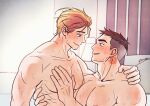  2boys bara black_hair blonde_hair blush chest_hair closed_mouth couple david_king_(dead_by_daylight) dead_by_daylight facial_hair felix_richter highres large_pectorals looking_at_another male_focus multiple_boys muscular muscular_male neck_tattoo nipples pectorals short_hair smile tattoo undercut wasted_m9 yaoi 