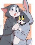  2boys animal_ears animal_hood bugs_bunny cat_boy cat_ears cat_hood cat_tail crossed_legs furry furry_male gz8ty highres holding_hands hood looney_tunes multiple_boys rabbit_boy rabbit_ears rabbit_hood rabbit_tail tail tom_(tom_and_jerry) tom_and_jerry twitter_username 