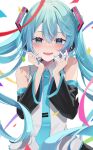  1girl :d absurdres aur_hkgn black_sleeves blue_eyes blue_hair blue_necktie blurry blurry_foreground collared_shirt detached_sleeves floating_hair hair_between_eyes hair_ornament happy_tears hatsune_miku highres holding holding_hair long_hair long_sleeves looking_at_viewer necktie open_mouth red_ribbon ribbon shirt sleeveless sleeveless_shirt smile solo tears twintails very_long_hair vocaloid white_shirt wing_collar 